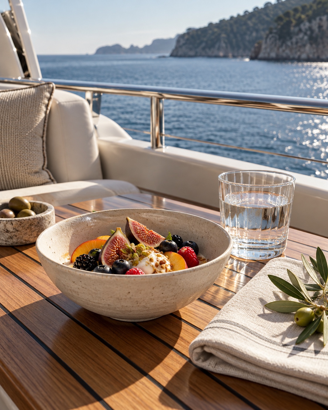 a considered breakfast on a teak deck