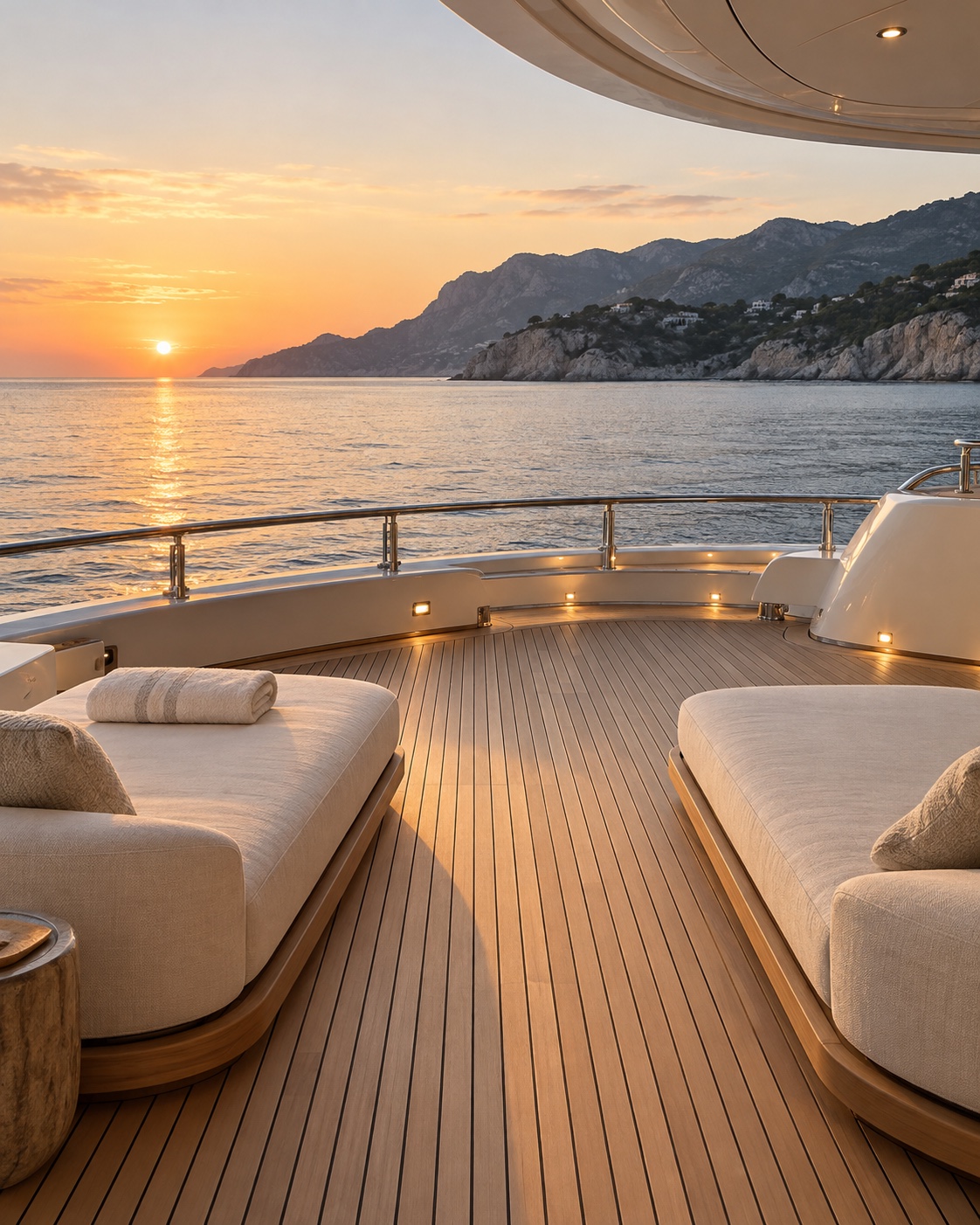 An elegant teak aft deck overlooking the sea at sunset