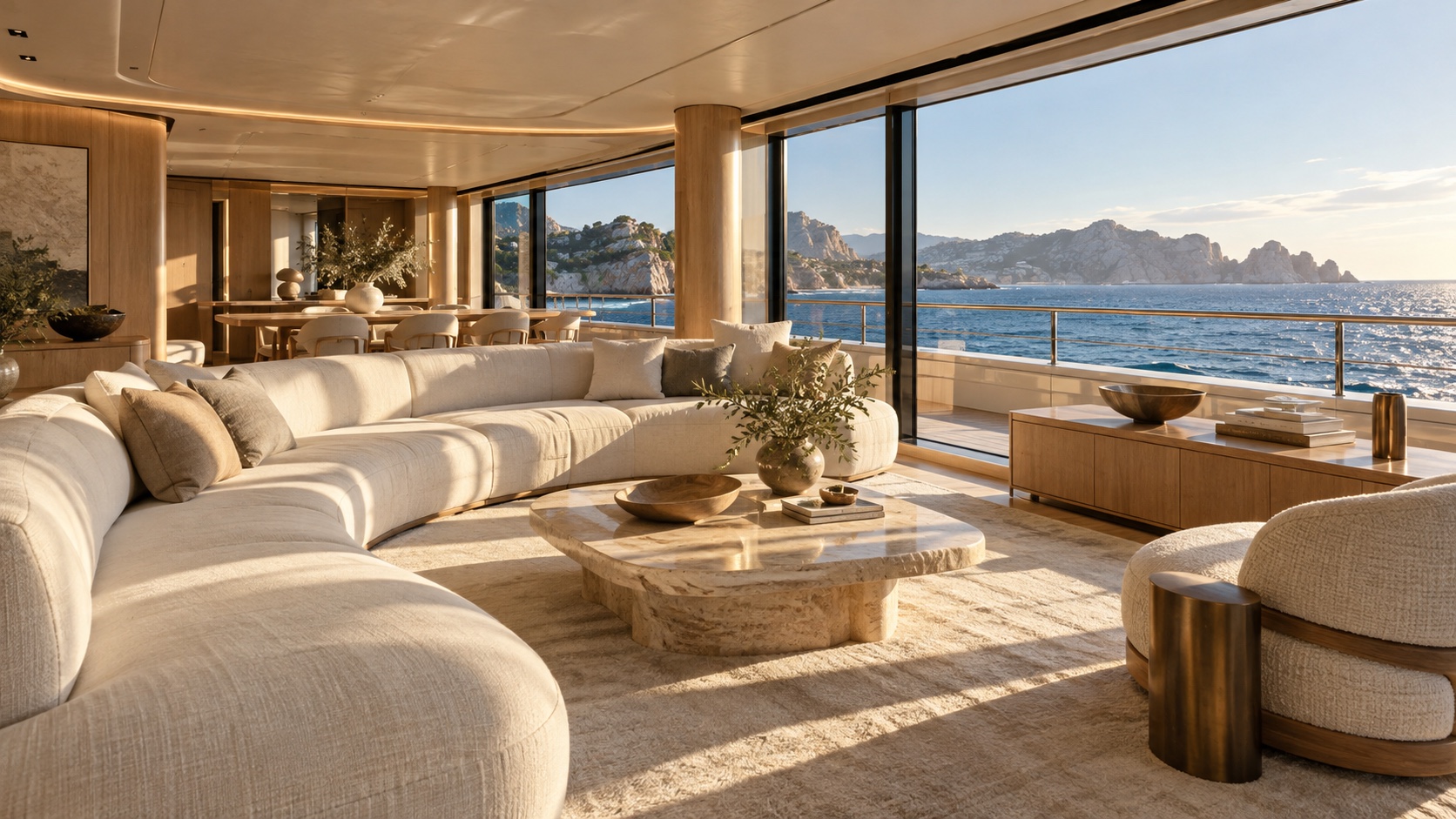 A warm oak and ivory yacht salon opening onto blue Mediterranean views