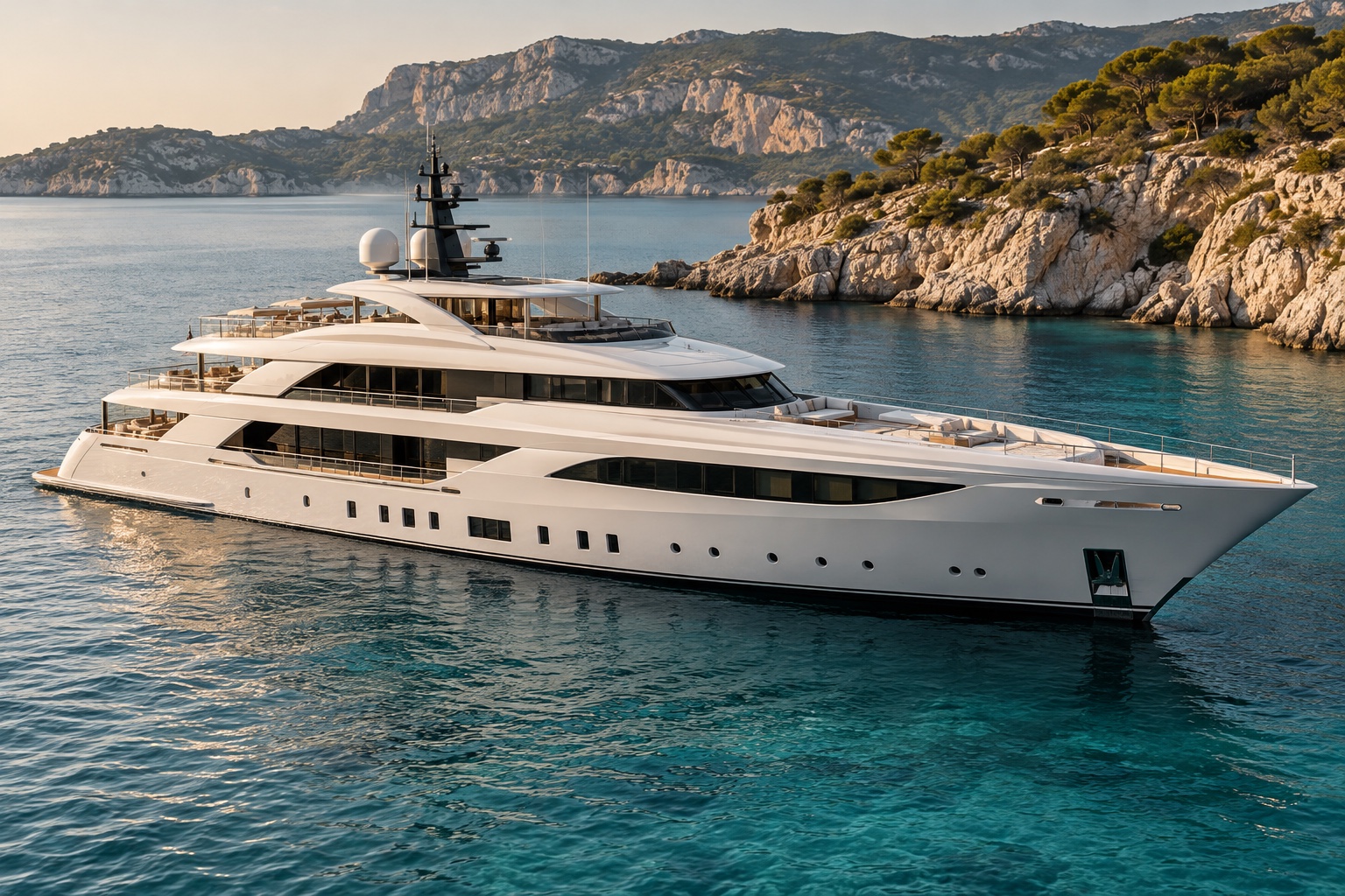 A white superyacht at anchor in a quiet Mediterranean cove