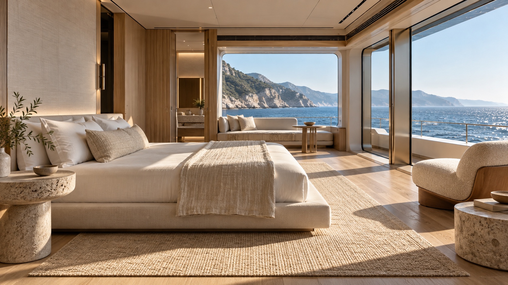 a quiet Japanese-inspired yacht suite